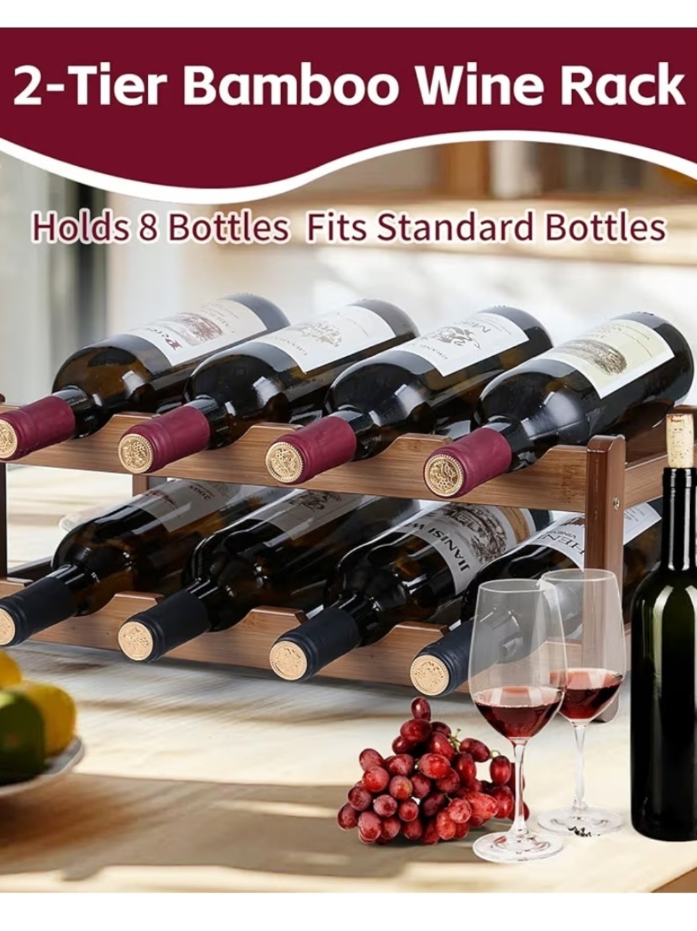 Bamboo Wine Rack, Cabinet Shelf, 2-Tier-8 Bottles, Freestanding, New in Box - Picture 6 of 7